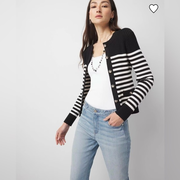 White House Black Market Sweaters - Black and White Striped Ribbed Cardigan